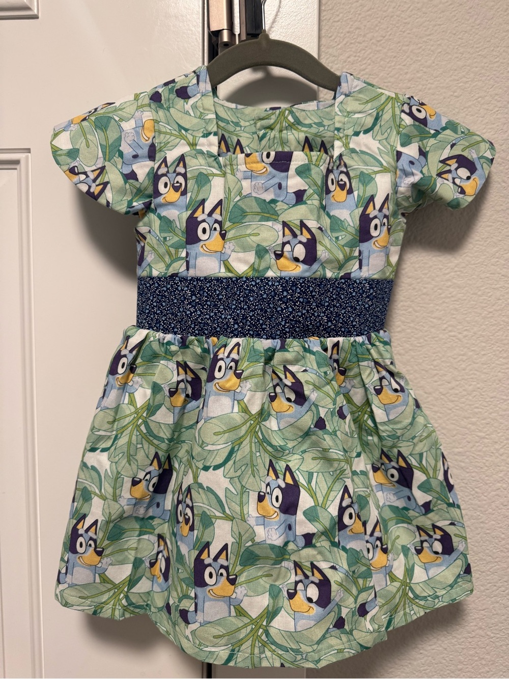 Girls' Green Bluey Print Dress with Navy Waistband
